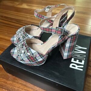 Renvy Plaid Platform heel sandals Crystal Embellished Block Heel school girl